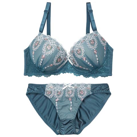 2/25新作!【EFサイズ】クラシカルフルーレットブラジャー&フルバックショーツ[推し](エメラルドグリーン-E70/ショーツM)