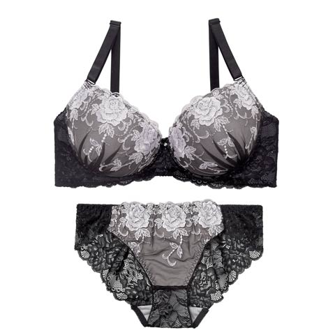 4/15新作!【EFサイズ】ラディアントフルール育乳脇高ブラジャー&バック透けフルバックショーツ[推し](ブラック-E70/ショーツM)