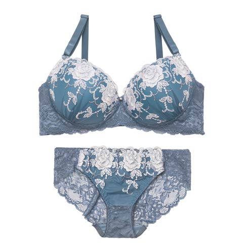 4/15新作!【EFサイズ】ラディアントフルール育乳脇高ブラジャー&バック透けフルバックショーツ[推し](ブルー-E70/ショーツM)