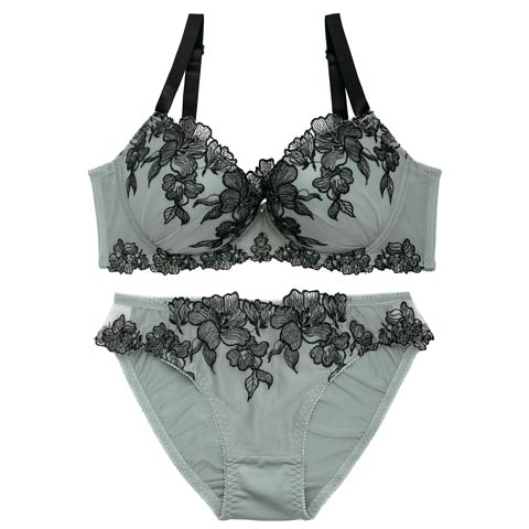 4/10新作!【EFサイズ】ノーブルシャドウフラワーブラジャー&フルバックショーツ(モスグリーン-E70/ショーツM)
