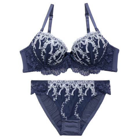 4/27新作!フェアリーリボンフリルブラジャー&フルバックショーツ[推し][人気](ネイビー-A70/ショーツM)