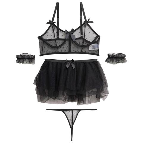 10/17新作!【4点セット】コケティッシュドットチュールブラジャー&Tバック&ガーターベルト&リング[推し](ブラック-S)