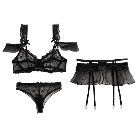 9/15新作!【3点セット】センシュアルシアーブルームブラジャー&Tバック&ガーターベルト[推し](ブラック-S)