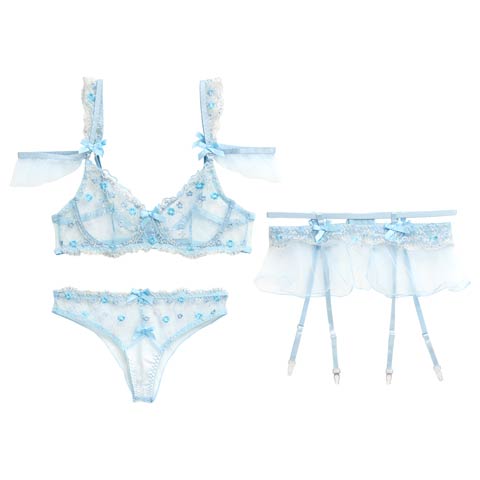 9/15新作!【3点セット】センシュアルシアーブルームブラジャー&Tバック&ガーターベルト[推し](サックス-S)