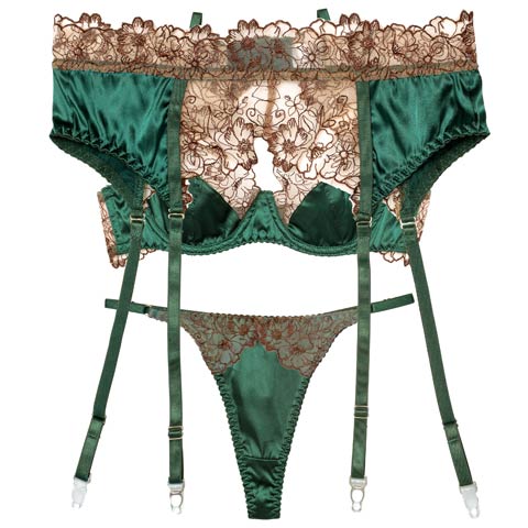 11/5新作!【3点セット】クラシックサテンフルールブラジャー&Tバック&ガーターベルト[推し](グリーン-S)