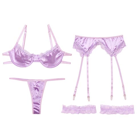 11/10新作!【4点セット】ミスティックサテンレースブラジャー&Tバック&ガーターベルト&足リング(ラベンダー-S)