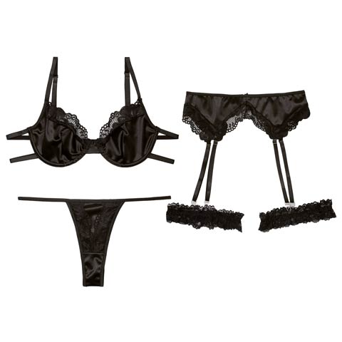 1/31再販!【4点セット】ミスティックサテンレースブラジャー&Tバック&ガーターベルト&足リング(ブラック-S)