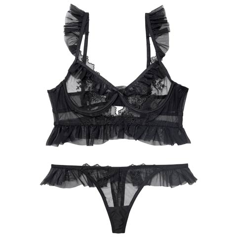 11/10新作!ドレッシーチュールフリルブラジャー&Tバックショーツ[推し](ブラック-フリー)
