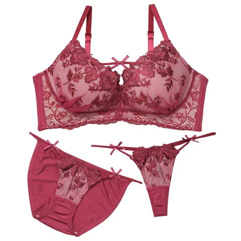 12/24新作!【3点セット】ディープローズリボンコード育乳脇高ブラジャー&フルバック&Tバックショーツ[推し](ローズ-A70/ショーツM)