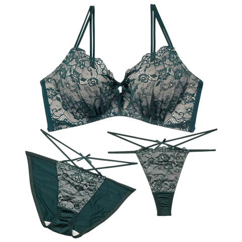 12/26新作!【EFサイズ】【3点セット】フローラルリボンコード育乳脇高ブラジャー&フルバック&Tバックショーツ[推し](グリーン-E65/ショーツM)