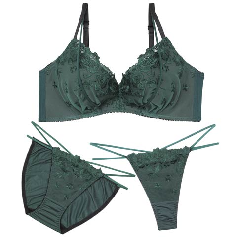 1/5新作!【三上悠亜着用】【3点セット】ノーブルフラワーコード育乳脇高ブラジャー&フルバック&Tバックショーツ[推し](グリーン-A70/ショーツM)
