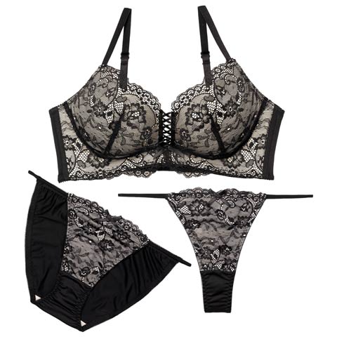 4/13新作!【3点セット】【三上悠亜着用】W盛り★リュクスシアーレース育乳脇高ブラジャー&フルバック&Tバックショーツ[推し](ブラック-A70/ショーツM)