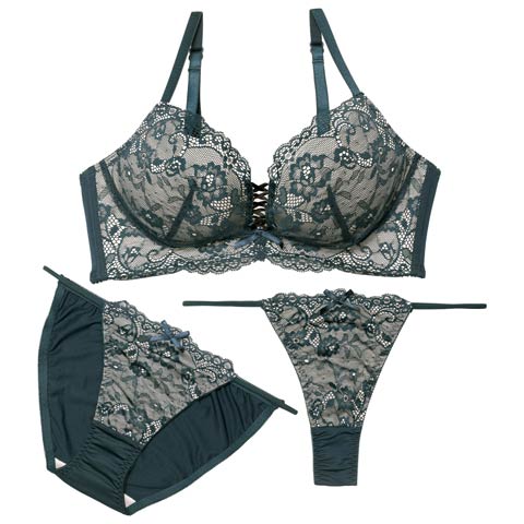 4/13新作!【3点セット】【三上悠亜着用】W盛り★リュクスシアーレース育乳脇高ブラジャー&フルバック&Tバックショーツ[推し](グリーン-A70/ショーツM)