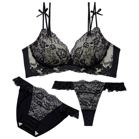 2/16新作!【3点セット】ミューズリボンレース育乳脇高ブラジャー&フルバック&Tバックショーツ[推し](ブラック-A70/ショーツM)