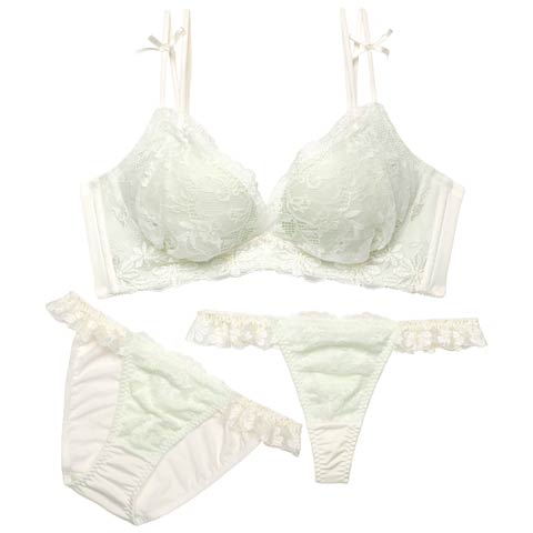 2/16新作!【3点セット】ミューズリボンレース育乳脇高ブラジャー&フルバック&Tバックショーツ[推し](ミント-A70/ショーツM)