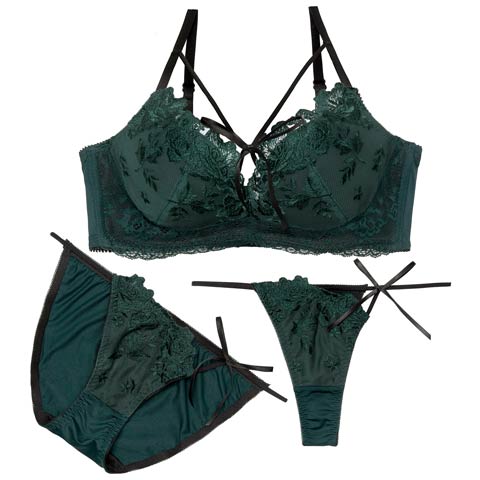 3/6新作!【3点セット】W盛り★グロッシーローズ育乳脇高ブラジャー＆フルバックショーツ＆Tバックショーツ[推し](グリーン-A70/ショーツM)