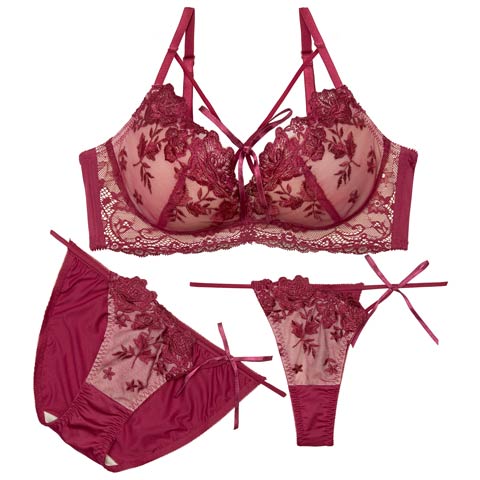 3/6新作!【3点セット】W盛り★グロッシーローズ育乳脇高ブラジャー＆フルバックショーツ＆Tバックショーツ[推し](ローズ-A70/ショーツM)