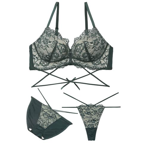 3/2新作!【3点セット】ディープシアーレースコード育乳脇高ブラジャー&フルバック&Tバックショーツ[推し](グリーン-A70/ショーツM)