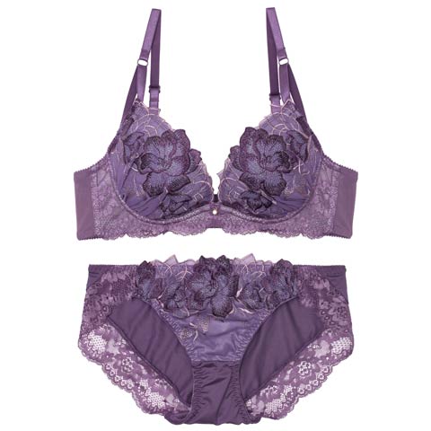 10/7再販!ブリリアントヴェールフラワーブラジャー&フルバックショーツ[推し](パープル-B65/ショーツM)