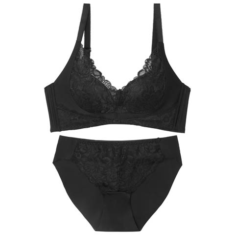 10/7再販!【ノンワイヤー】レーシーグラマラスブラジャー&フルバックショーツ[推し](ブラック-S)