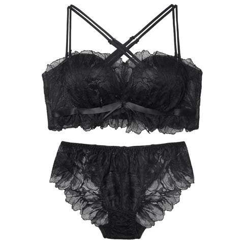 10/6新作!スフレリボンレース育乳ブラジャー&バック透けフルバックショーツ[推し](ブラック-B65/ショーツM)