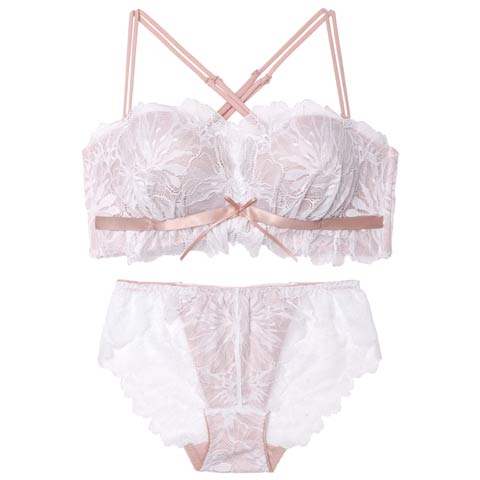 10/6新作!スフレリボンレース育乳ブラジャー&バック透けフルバックショーツ[推し](ホワイト-B65/ショーツM)