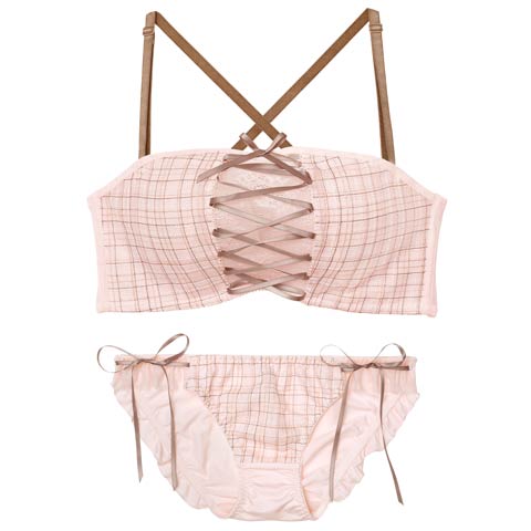 1/12新作!【ノンワイヤー】[3way]ツイードレースアップ育乳脇高ブラジャー&フルバックショーツ[推し](ピンク-B65/ショーツM)