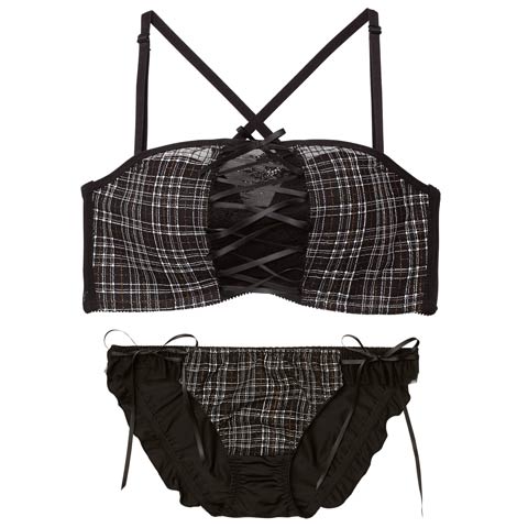 1/12新作!【ノンワイヤー】[3way]ツイードレースアップ育乳脇高ブラジャー&フルバックショーツ[推し](ブラック-B65/ショーツM)