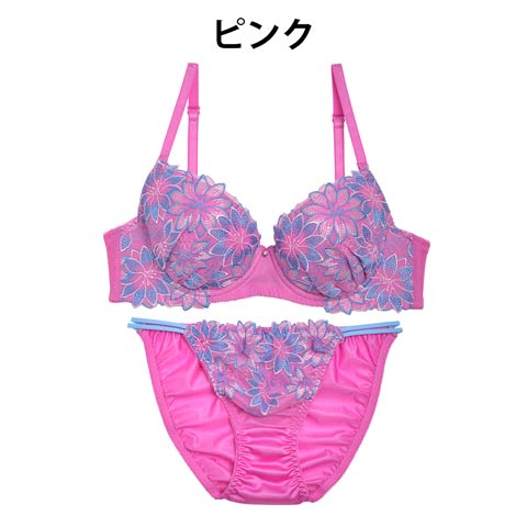 【granatus】flower刺繍×チュールレースブラジャー&フルバックショーツ(ピンク-B65/ショーツM)