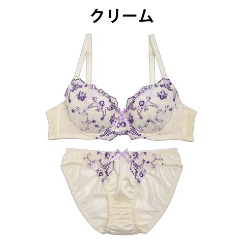 【Fairy】鮮やか小花刺繍ブラジャー＆フルバックショーツ(クリーム-B65/ショーツM)