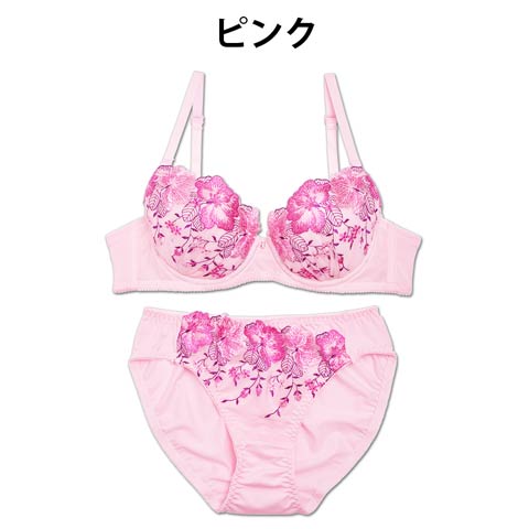 【granatus】大判フラワー刺繍ブラジャー＆フルバックショーツ(ピンク-B65/ショーツM)