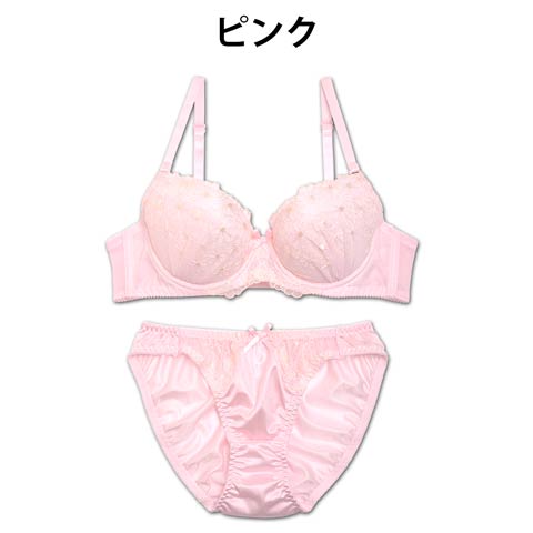 【Fairy】プティブルーム刺繍ブラジャー＆フルバックショーツ(ピンク-B65/ショーツM)