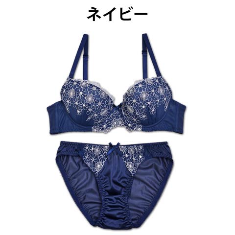 【Fairy】プティブルーム刺繍ブラジャー＆フルバックショーツ(ネイビー-B65/ショーツM)