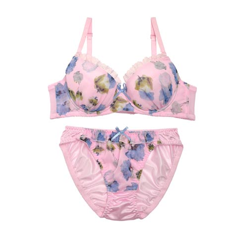 【Fairy】水彩フラワー×パステルブラジャー×フルバックショーツ[1250DRW](ピンク-B65/ショーツM)