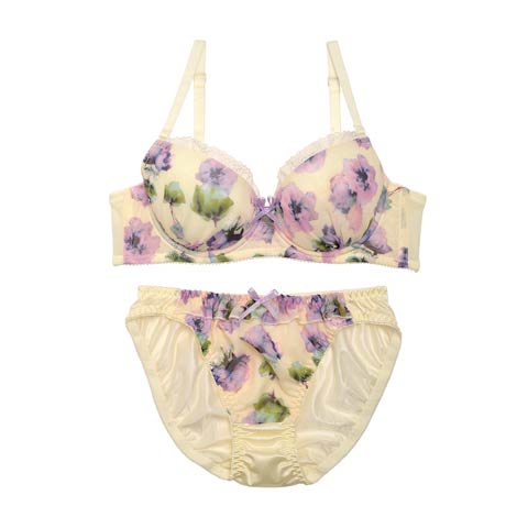 【Fairy】水彩フラワー×パステルブラジャー×フルバックショーツ[1250DRW](クリーム-B65/ショーツM)