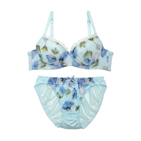 【Fairy】水彩フラワー×パステルブラジャー×フルバックショーツ[1250DRW](サックス-B65/ショーツM)