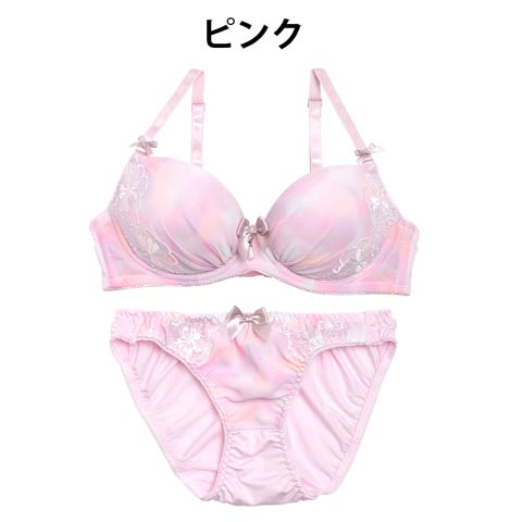 【ノンワイヤー】パステルフラワー刺繍ブラジャー&フルバックショーツ(ピンク-B65/ショーツM)