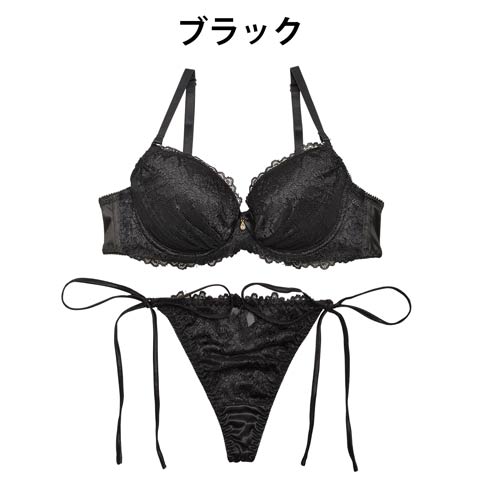 【EFサイズ】シンプルフラワーレースブラジャー&サイド紐Tバックショーツ(ブラック-E70/ショーツM)