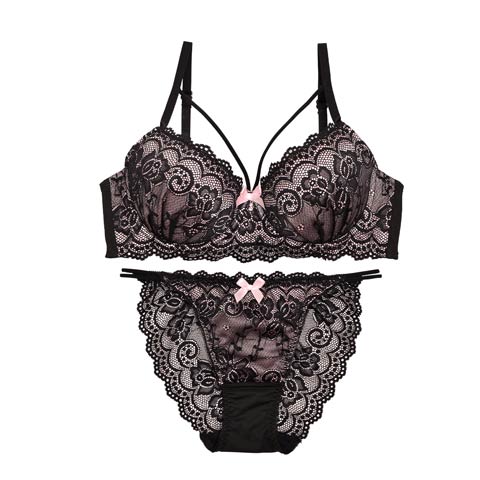 【EFサイズ】ブラックローズレースxマカロニコードブラジャー&バック透けフルバックショーツ(ピンク-E70/ショーツM)
