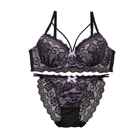 【EFサイズ】ブラックローズレースxマカロニコードブラジャー&バック透けフルバックショーツ(パープル-E70/ショーツM)