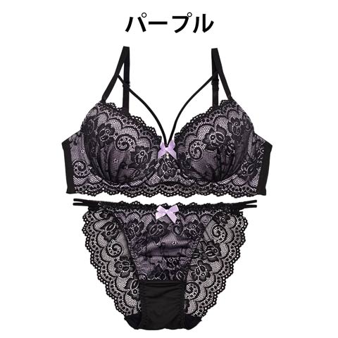 GHサイズ】ブラックローズレースxマカロニコードブラジャー&バック透けフルバックショーツの通販はdazzystore(デイジーストア)  (kq33299)