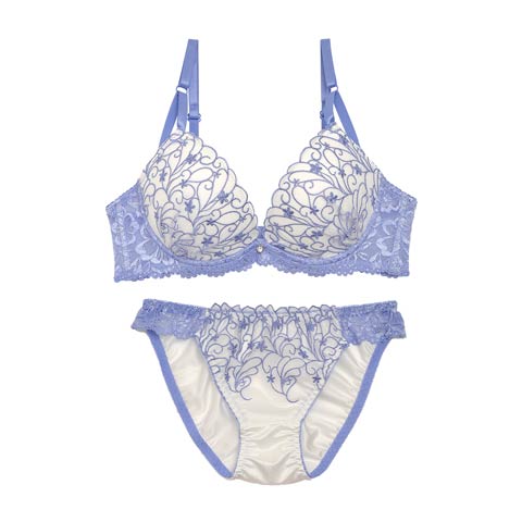 【ノンワイヤー】マルチフラワー刺繍ブラジャー&フルバックショーツ[1250DRW](ブルー-M/ショーツM)