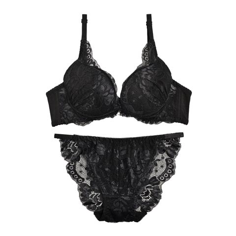 ロマンスフラワーレースブラジャー＆バック透けフルバックショーツ[1375DRW](ブラック-A70/ショーツM)