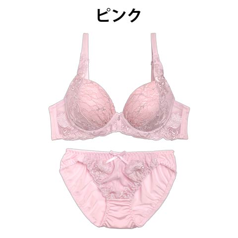 [E/Fサイズ]Prettyフラワー刺繍ブラジャー&フルバックショーツ(ピンク-E65/ショーツM)