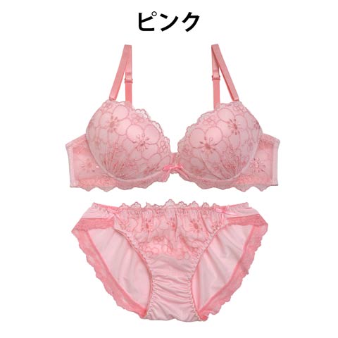 【EFサイズ】チェリーブロッサム刺繍ブラジャー&フルバックショーツ(ピンク-E65/ショーツM)