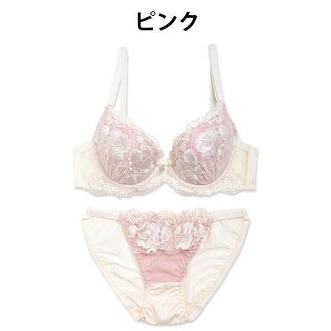 5/2再販!【EFサイズ】エレガンスフラワー刺繍ブラジャー&フルバックショーツ(ピンク-E65/ショーツM)