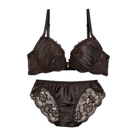 シルキーサテンレースブラジャー&バック透けフルバックショーツ[1250DRW](ブラウン-A70/ショーツM)