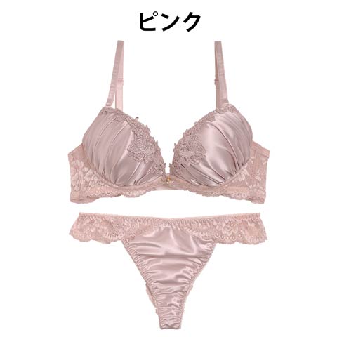 シルキーサテンレースブラジャー&バック透けTバックショーツ[1250DRW](ピンク-A65/ショーツM)