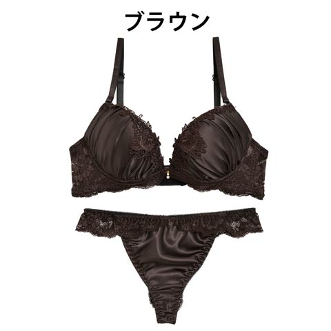シルキーサテンレースブラジャー&バック透けTバックショーツ[1250DRW](ブラウン-A65/ショーツM)