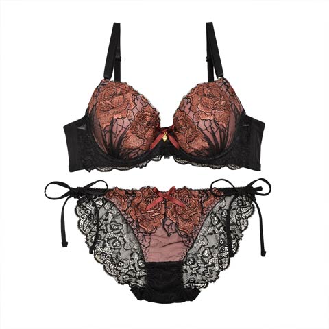 ローズエンブロイダリーデコレーションブラジャー&サイド紐フルバックショーツ(オレンジ-A65/ショーツM)